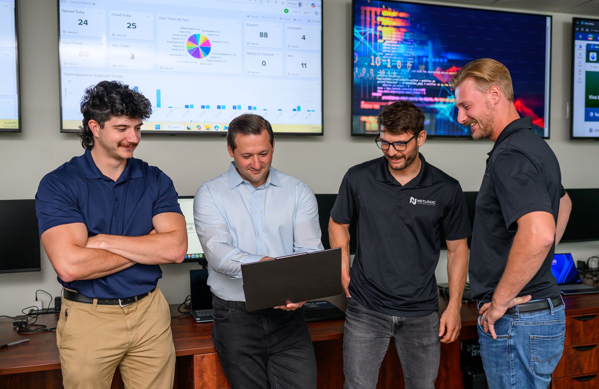 Four Netlogic engineers reviewing work on a laptop in front of the live service board at the Nashua office