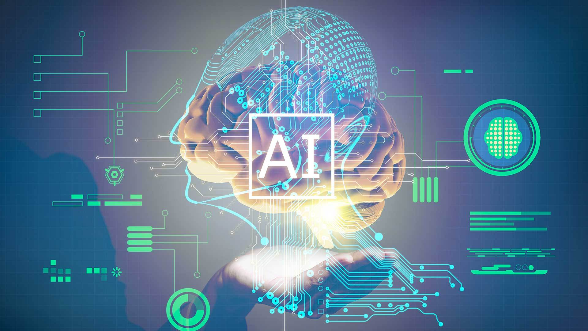Image of brain with technology and information floating around with letters "AI" written