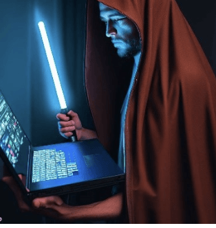 man with light saber looking at laptop with cape over head to signify the Star Wars theme of May the 4th.