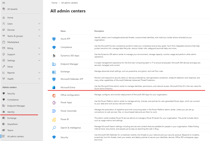 an image of the Microsoft 365 "all admin centers" view displaying Microsoft Entra in the list
