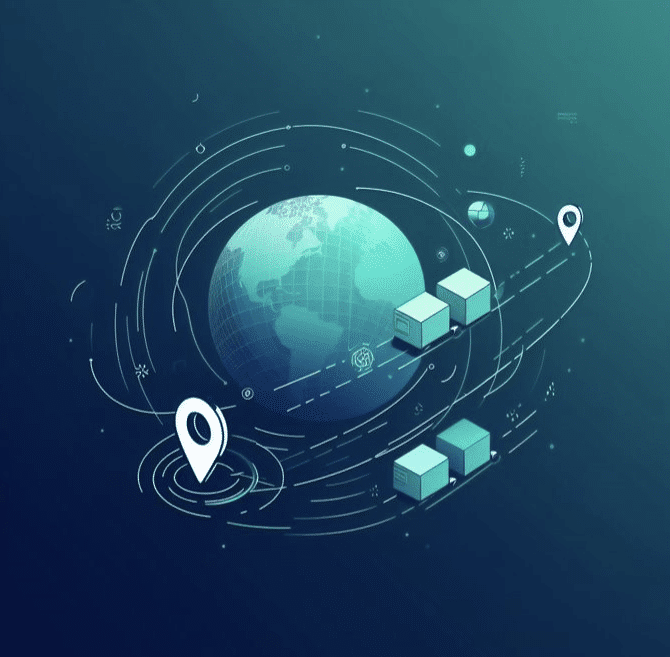 Illustration of global logistics and supply chain network with shipping containers, location pins, and worldwide data connections