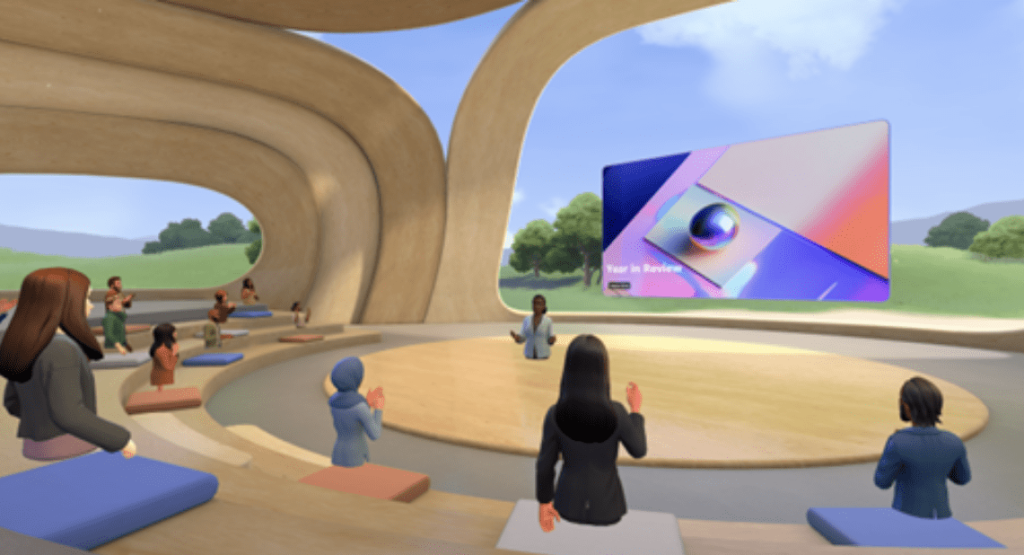 Virtual classroom presentation with avatars attending a digital training session in a modern open-air auditorium