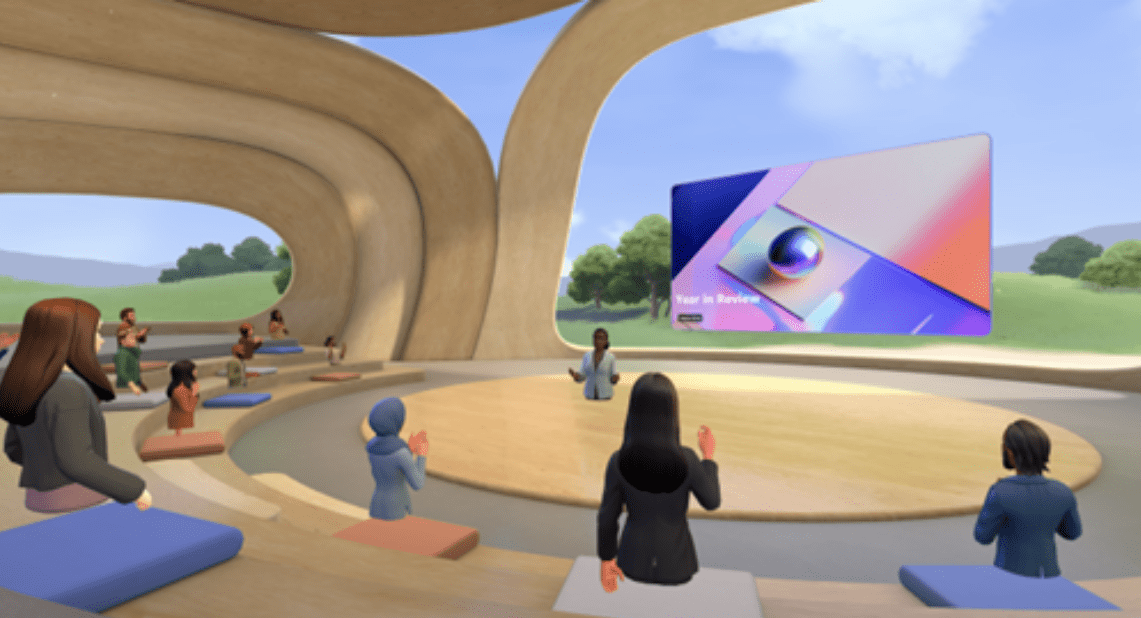 Virtual classroom presentation with avatars attending a digital training session in a modern open-air auditorium