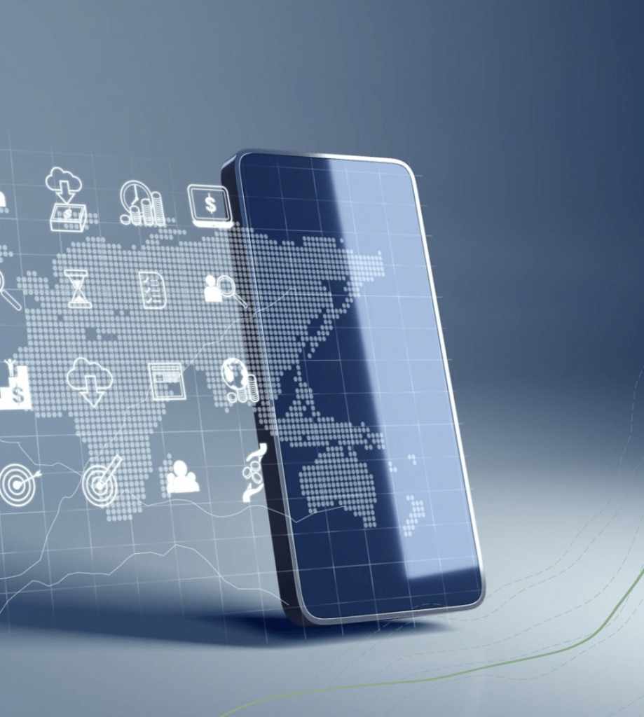 Smartphone displaying global data analytics and financial technology icons over a world map interface