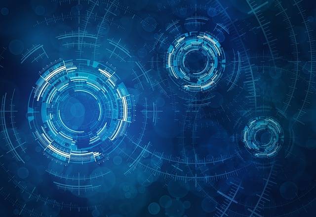 Abstract blue digital technology background with circular data interfaces and futuristic HUD design elements