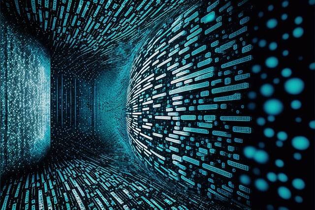 Abstract digital tunnel made of flowing data patterns and glowing dots