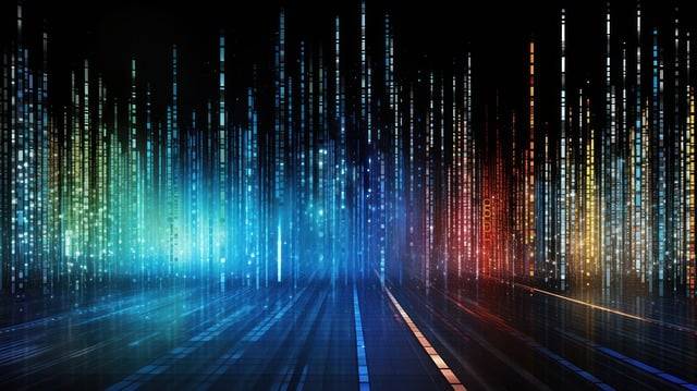 Abstract digital data streams represented by colorful vertical light lines