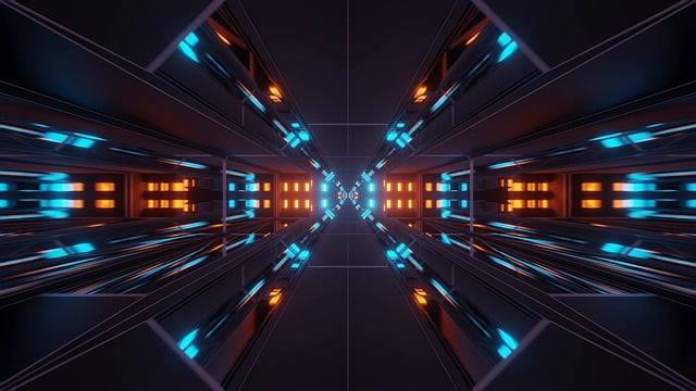 Futuristic digital tunnel with blue and orange lights representing data flow and advanced technology