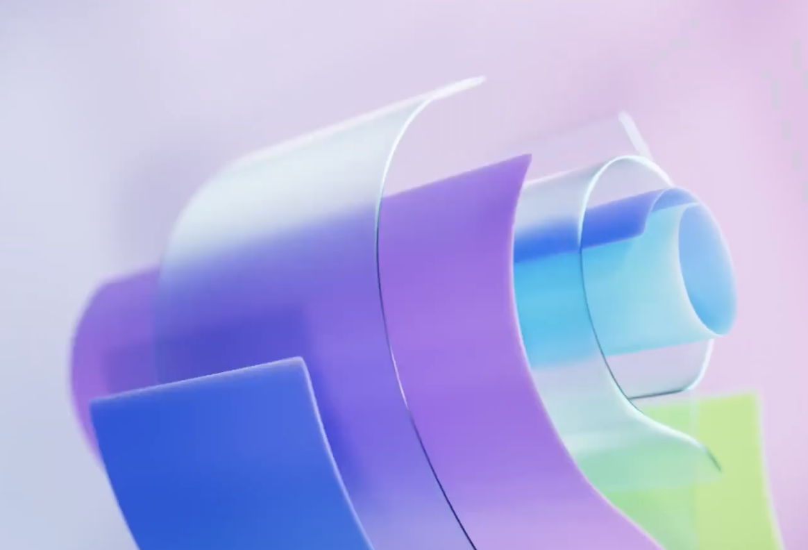 Abstract layered shapes in soft blue, purple, and green gradients forming a flowing, curved design