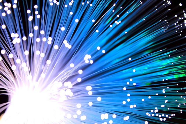 Abstract image of glowing fiber optic strands emitting blue and white light