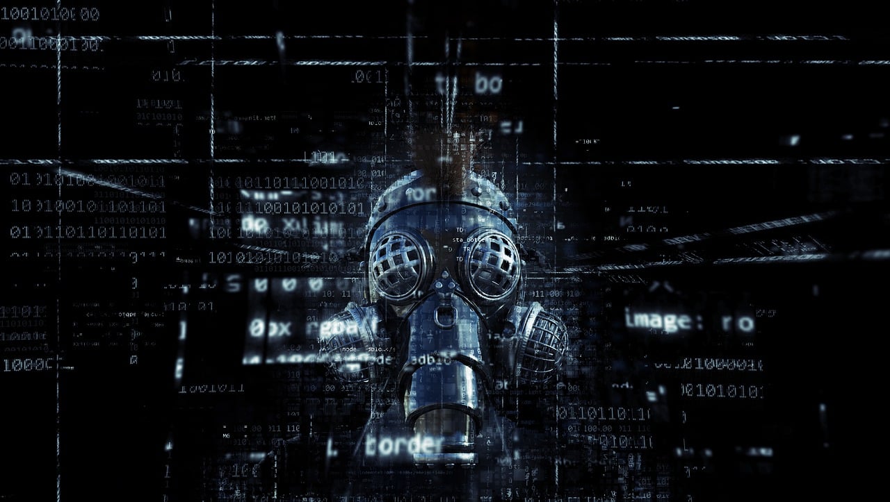 Gas mask centered against a dark background with layered digital code and symbols.