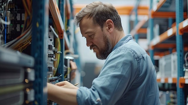 Person working on network equipment inside a server rack.