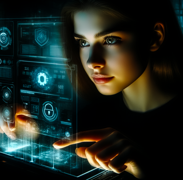 Person interacting with a transparent digital interface displaying security icons and data.