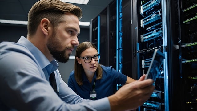 Two people standing in a server room reviewing equipment using a tablet.