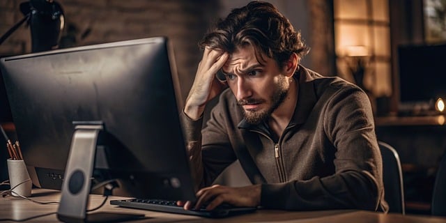 Man sitting at a desk looking stressed while working at a computer.