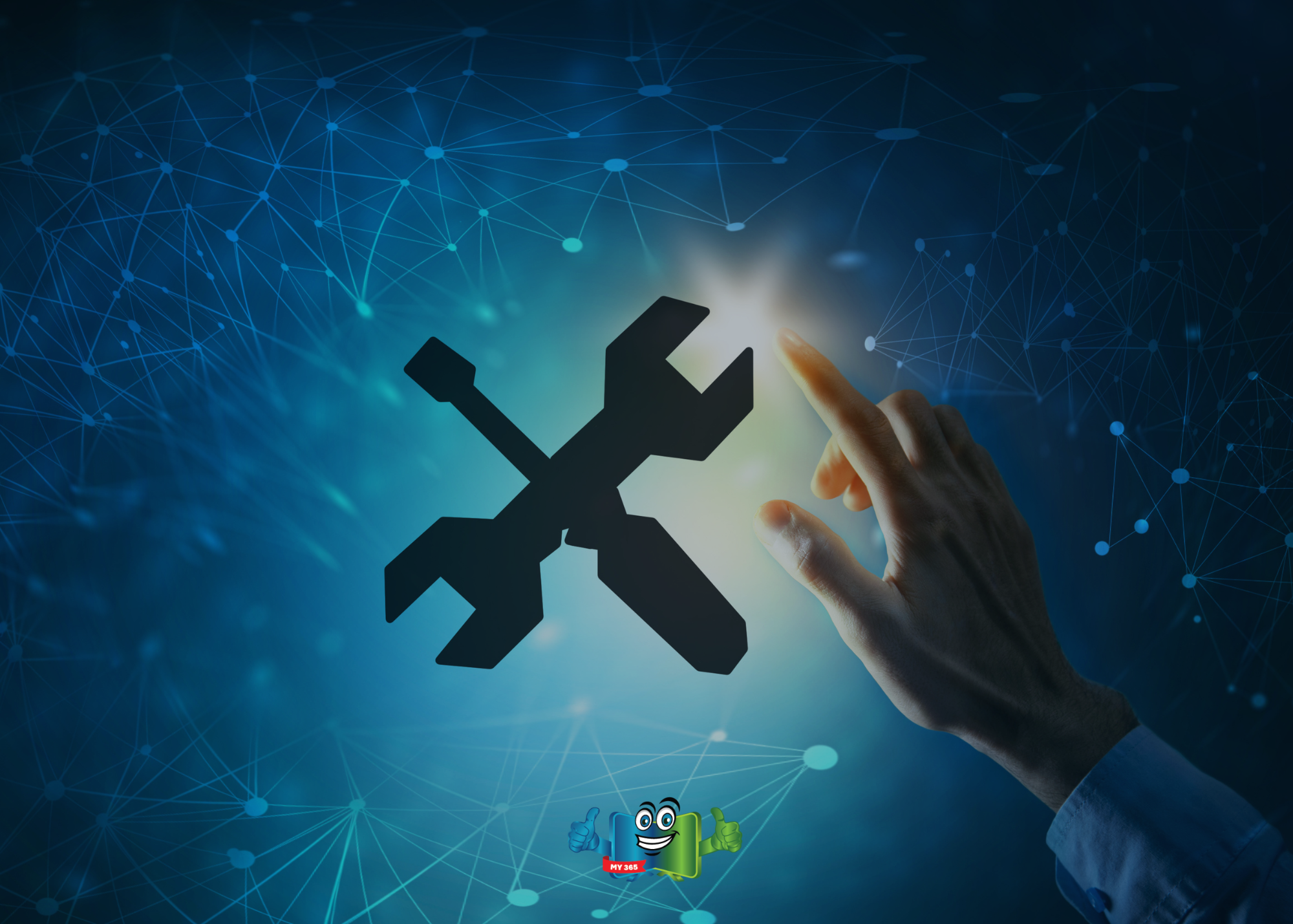 Hand reaching toward a digital wrench icon representing system configuration or IT support.