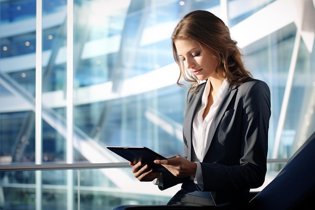 Person using a tablet in a modern office environment.