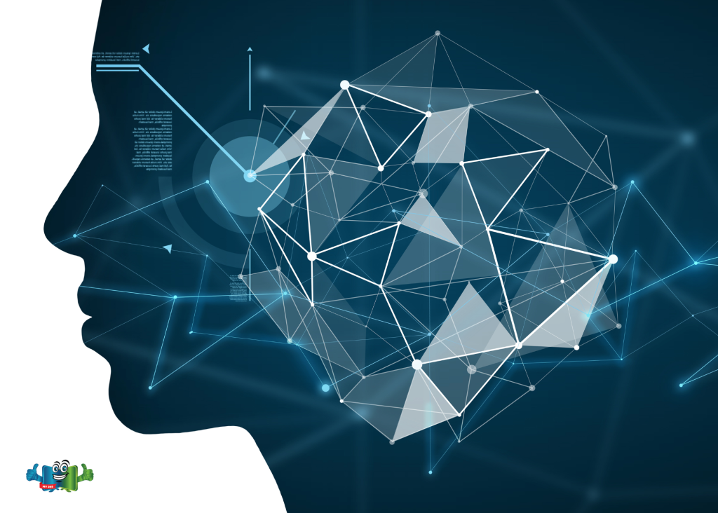 Human profile with interconnected digital nodes forming a networked brain.