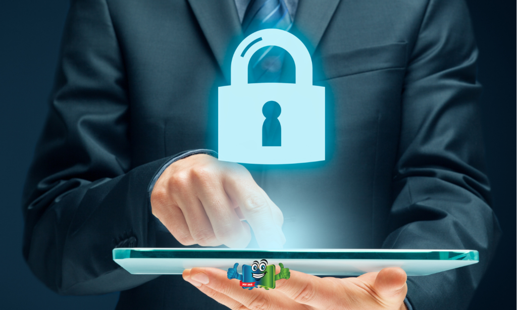 Person interacting with a tablet displaying a digital lock symbol representing data security.