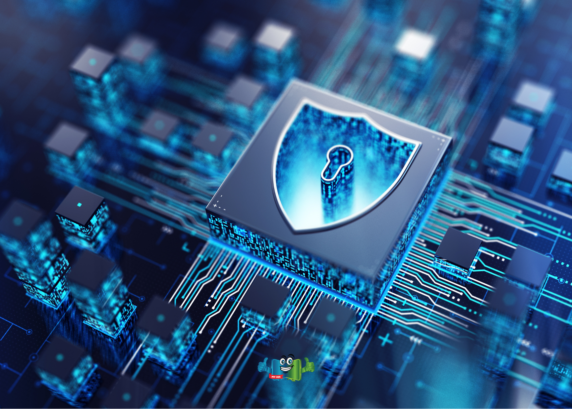 Digital shield with a key icon embedded in a circuit board.