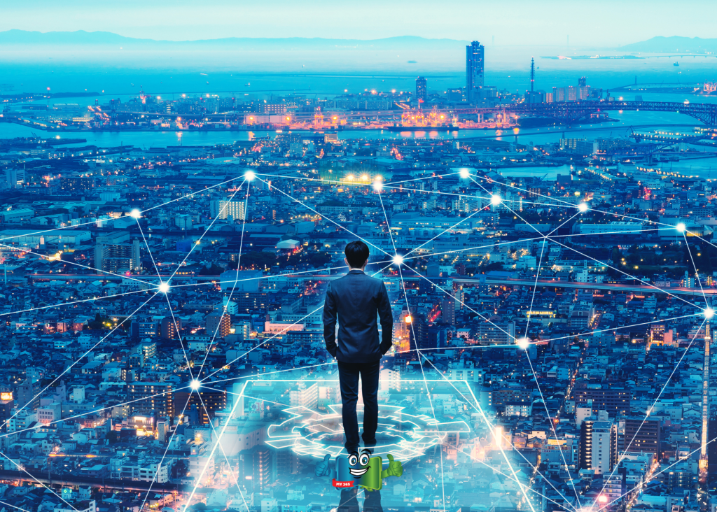 Person standing above a city skyline with glowing network lines connecting buildings.