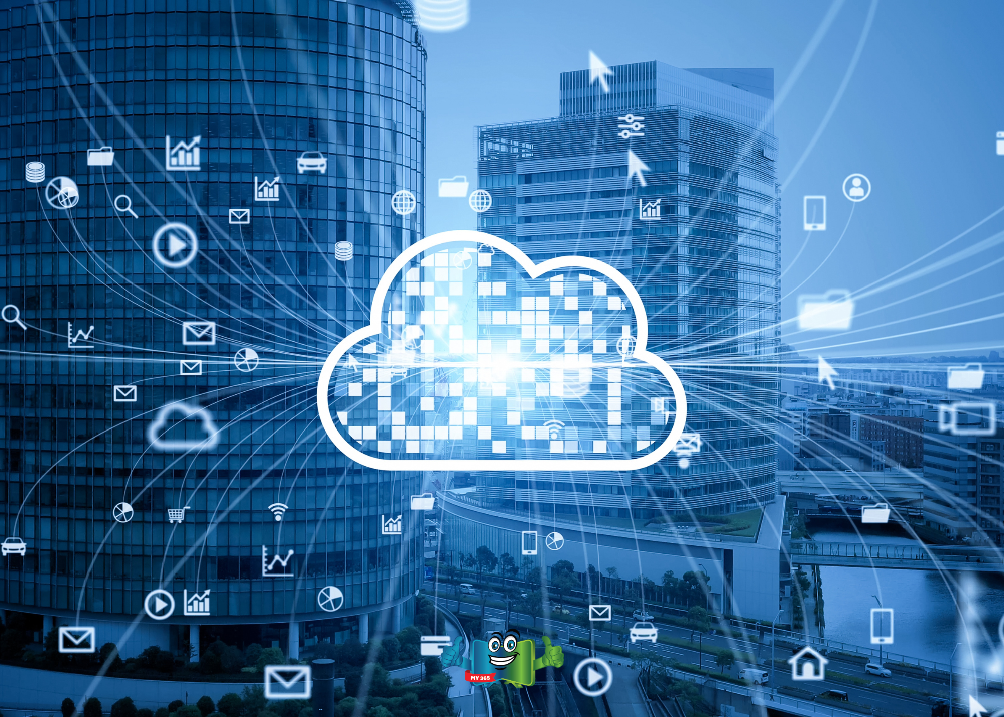 Cloud icon over a city skyline with digital symbols representing data and connectivity.