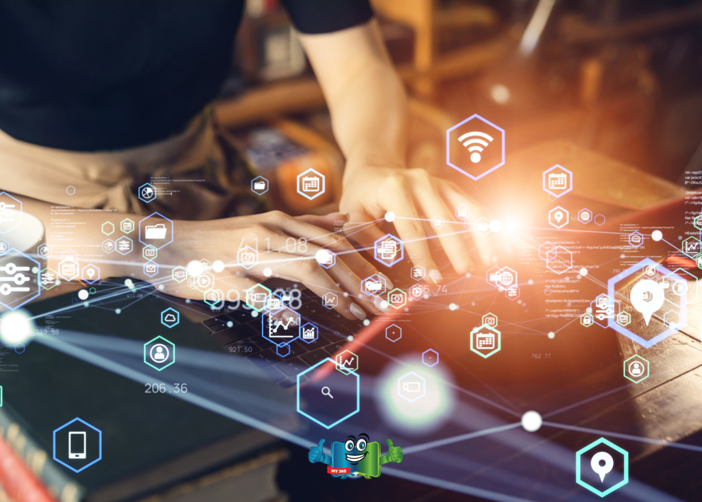 Hands typing on a laptop with digital icons representing connected technology and data.