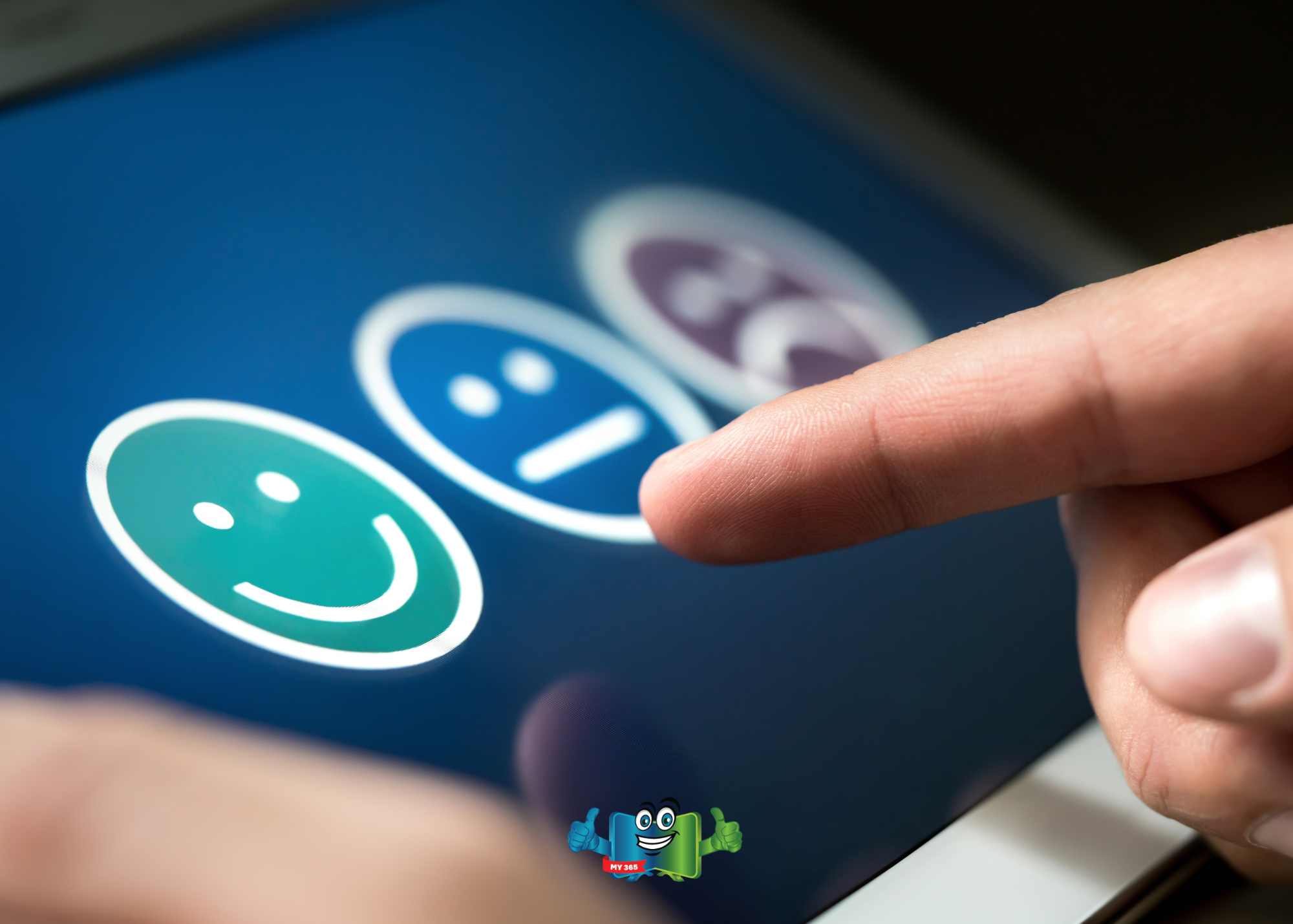 Finger selecting a satisfaction rating on a digital feedback screen.