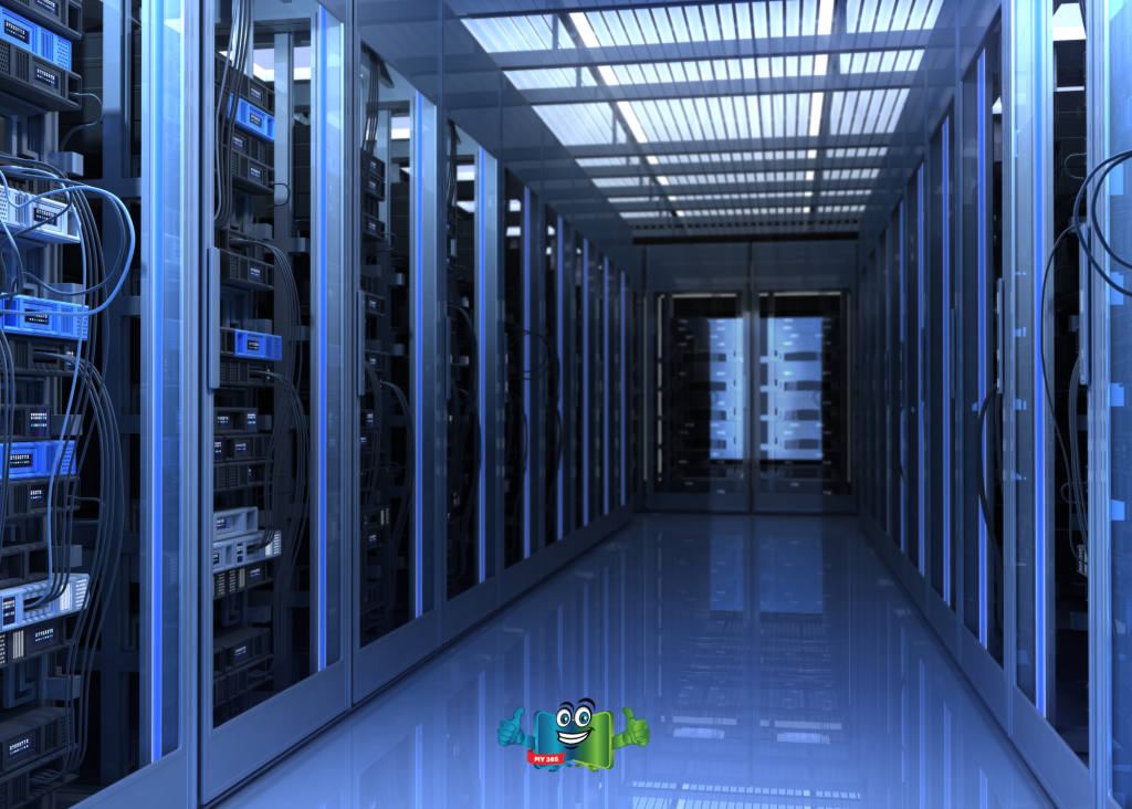 Interior of a modern data center with rows of server racks and blue lighting.