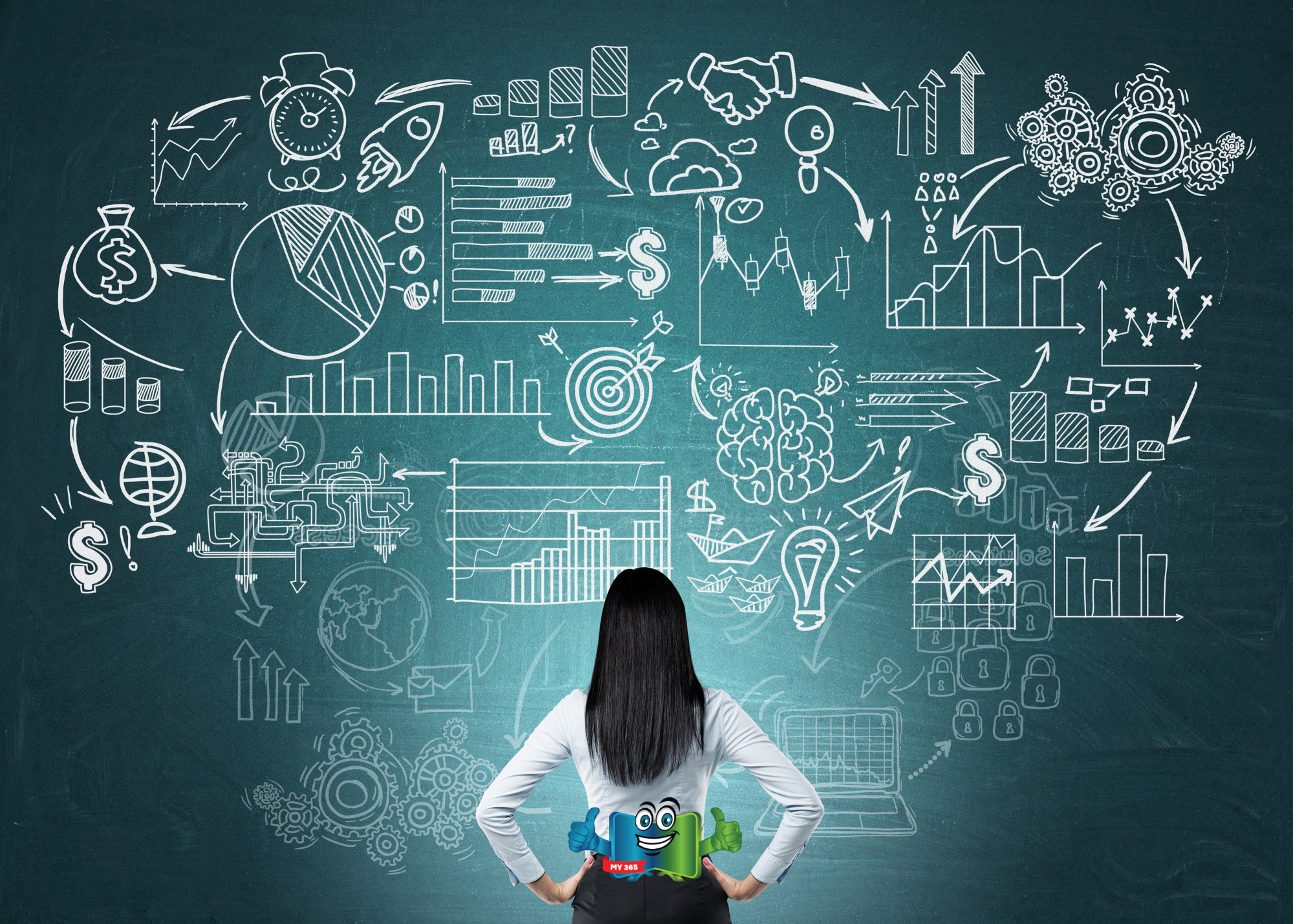 Chalkboard filled with hand-drawn business charts, diagrams, and strategy icons.