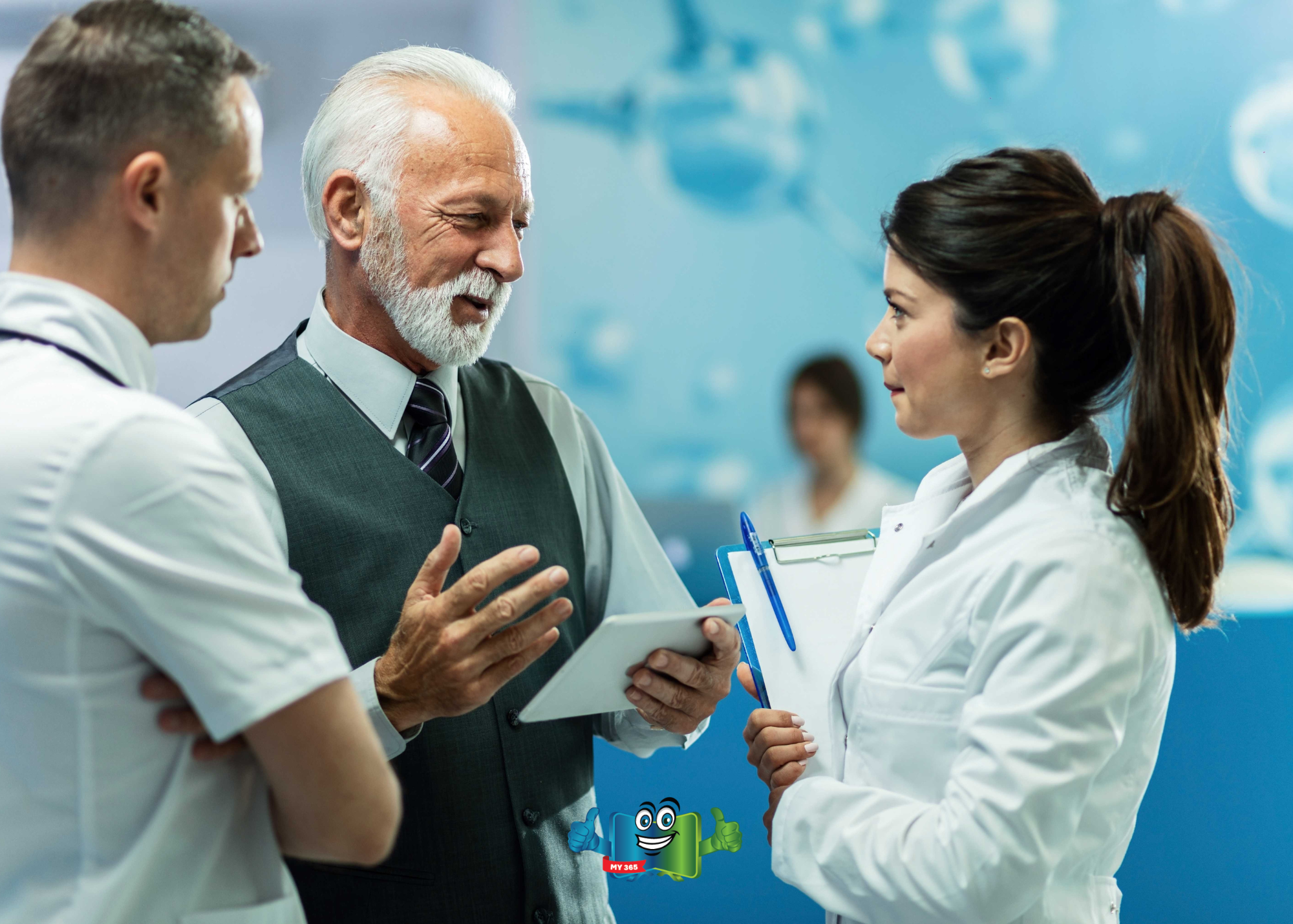 Medical professionals discussing patient information during a consultation.