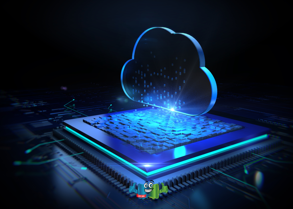 Cloud computing concept showing a digital cloud above a microchip.