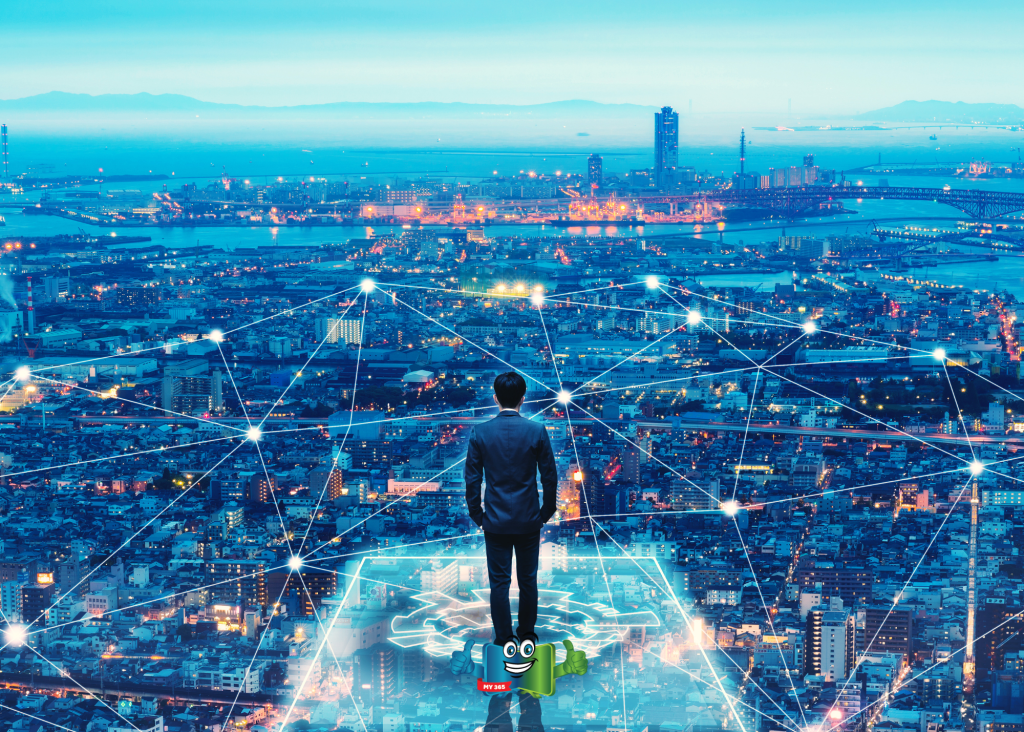 Person standing above a cityscape with connected network lines overlaying the skyline.