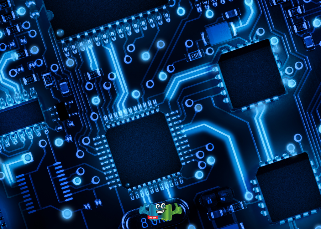 Close-up of a printed circuit board with microchips and glowing blue circuitry.