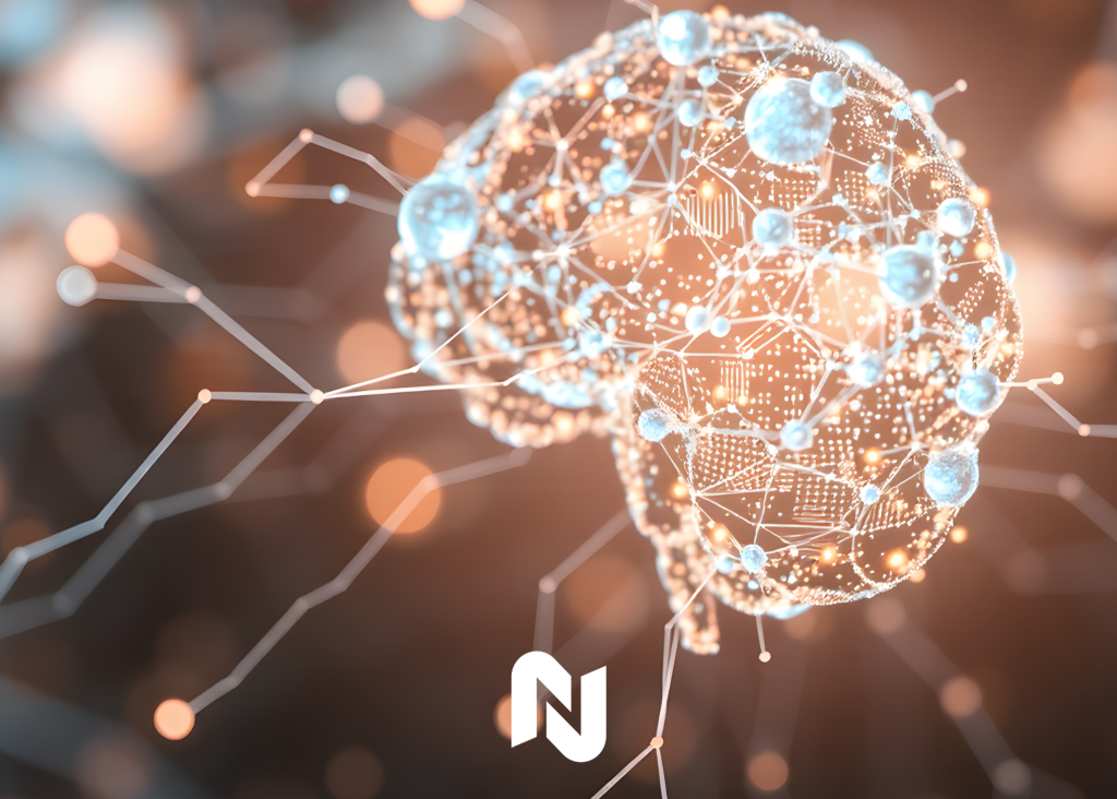 Digital brain illustration formed by connected nodes and lines, representing artificial intelligence and data networks.